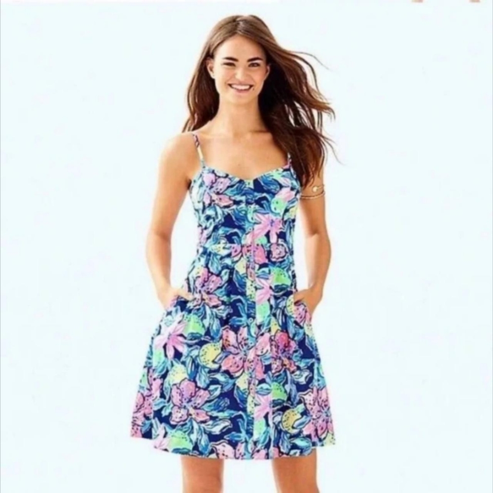 Lilly Pulitzer Easton Capri Soleil Fit & Flare Dress Navy Floral Sz 8 Pockets.
